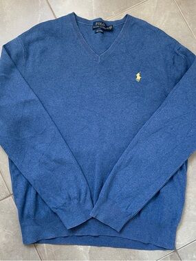 Polo by Ralph Lauren Men's Blue V-Neck Pima Cotton Sweater